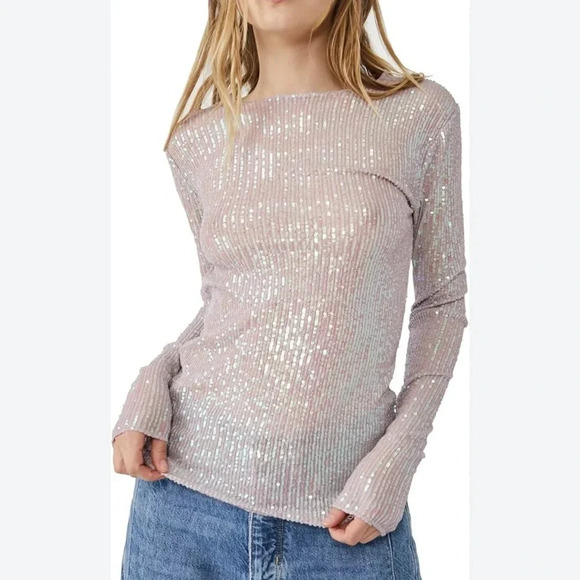 Free People Gold Rush Sequin Long Sleeve Top Neutral Multi Small NWT Glam Party - Picture 1 of 7